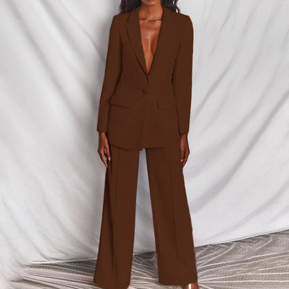 Women's Trouser Suit with Longline Blazer and Tailored Wide-Leg Trousers