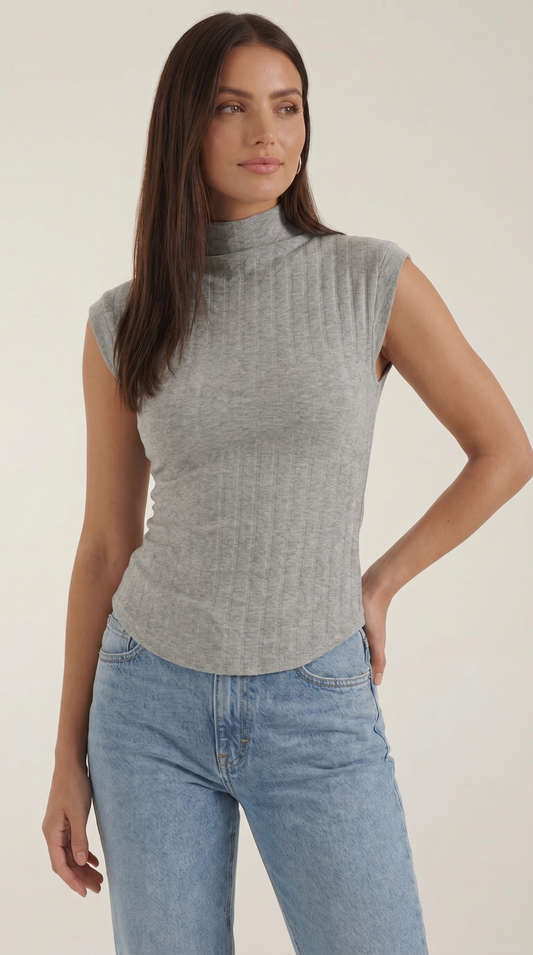 Women's Turtleneck Top in Ribbed Knit with Short Sleeve and Fitted Silhouette