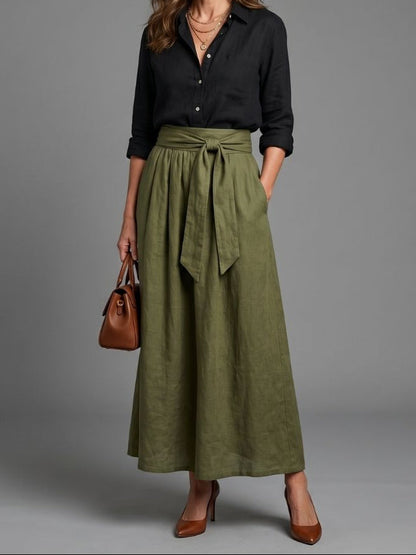 Women's Two-Piece Set with Black Blouse and Olive Green Midi Skirt