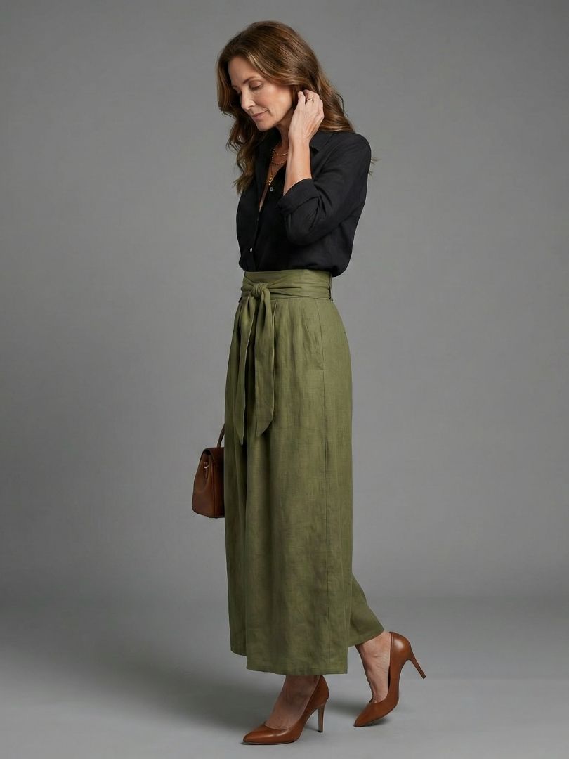 Women's Two-Piece Set with Black Blouse and Olive Green Midi Skirt