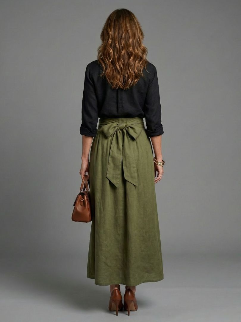 Women's Two-Piece Set with Black Blouse and Olive Green Midi Skirt