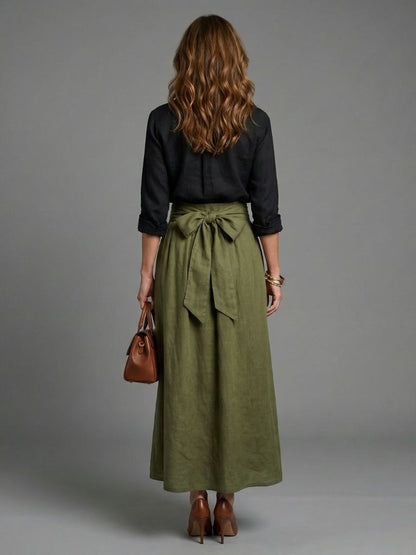 Women's Two-Piece Set with Black Blouse and Olive Green Midi Skirt