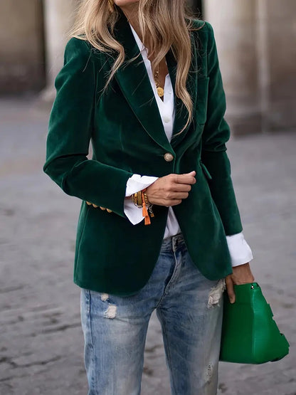 Women's Velvet Blazer with Gold-Tone Button Closure and Slim Fit