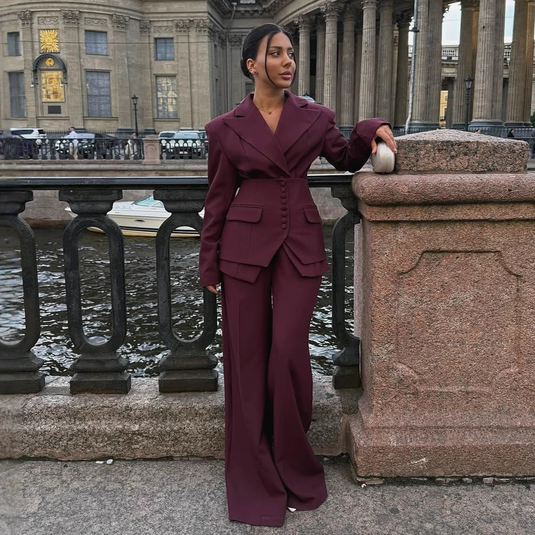 Women's Tailored Two-Piece Suit with V-Neck Peaked Lapel and Wide-Leg Trousers