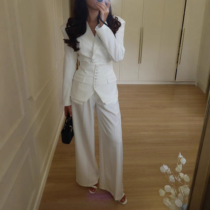 Women's Tailored Two-Piece Suit with V-Neck Peaked Lapel and Wide-Leg Trousers