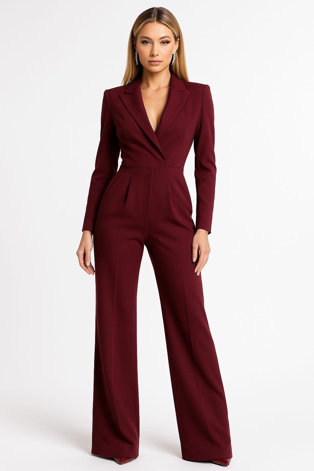 Women's V-Neck Wide-Leg Jumpsuit with Lapel Collar and Nipped Waist
