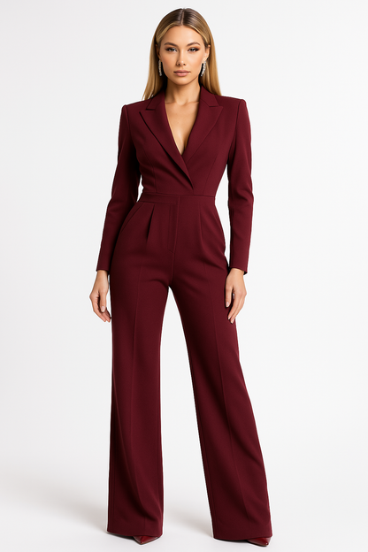 Women's V-Neck Wide-Leg Jumpsuit with Lapel Collar and Nipped Waist