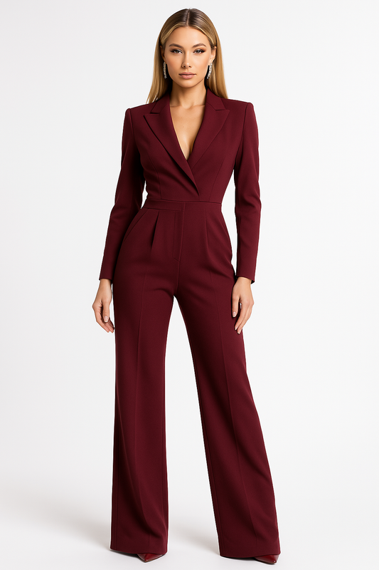 Women's V-Neck Wide-Leg Jumpsuit with Lapel Collar and Nipped Waist