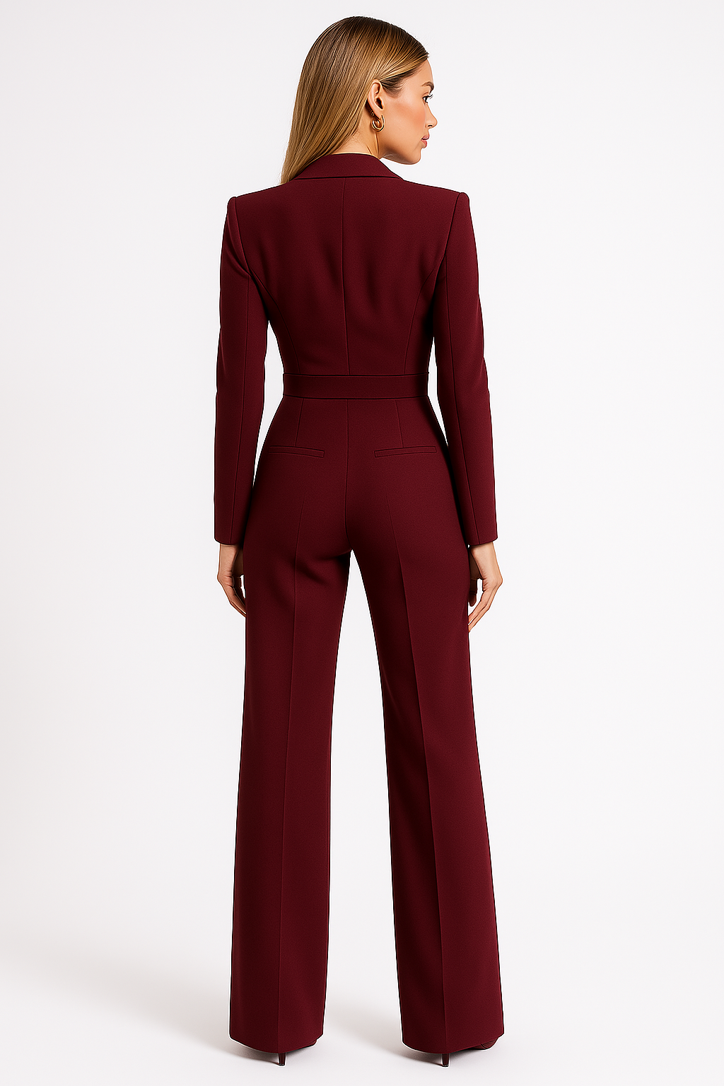 Women's V-Neck Wide-Leg Jumpsuit with Lapel Collar and Nipped Waist