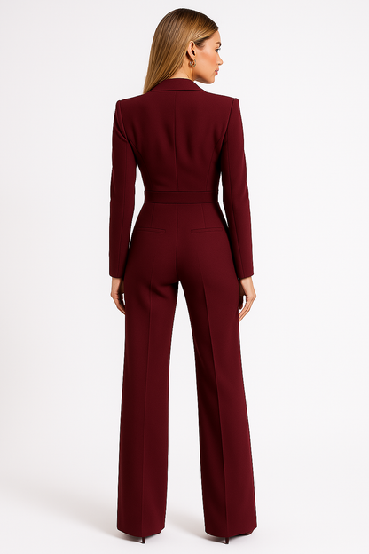 Women's V-Neck Wide-Leg Jumpsuit with Lapel Collar and Nipped Waist