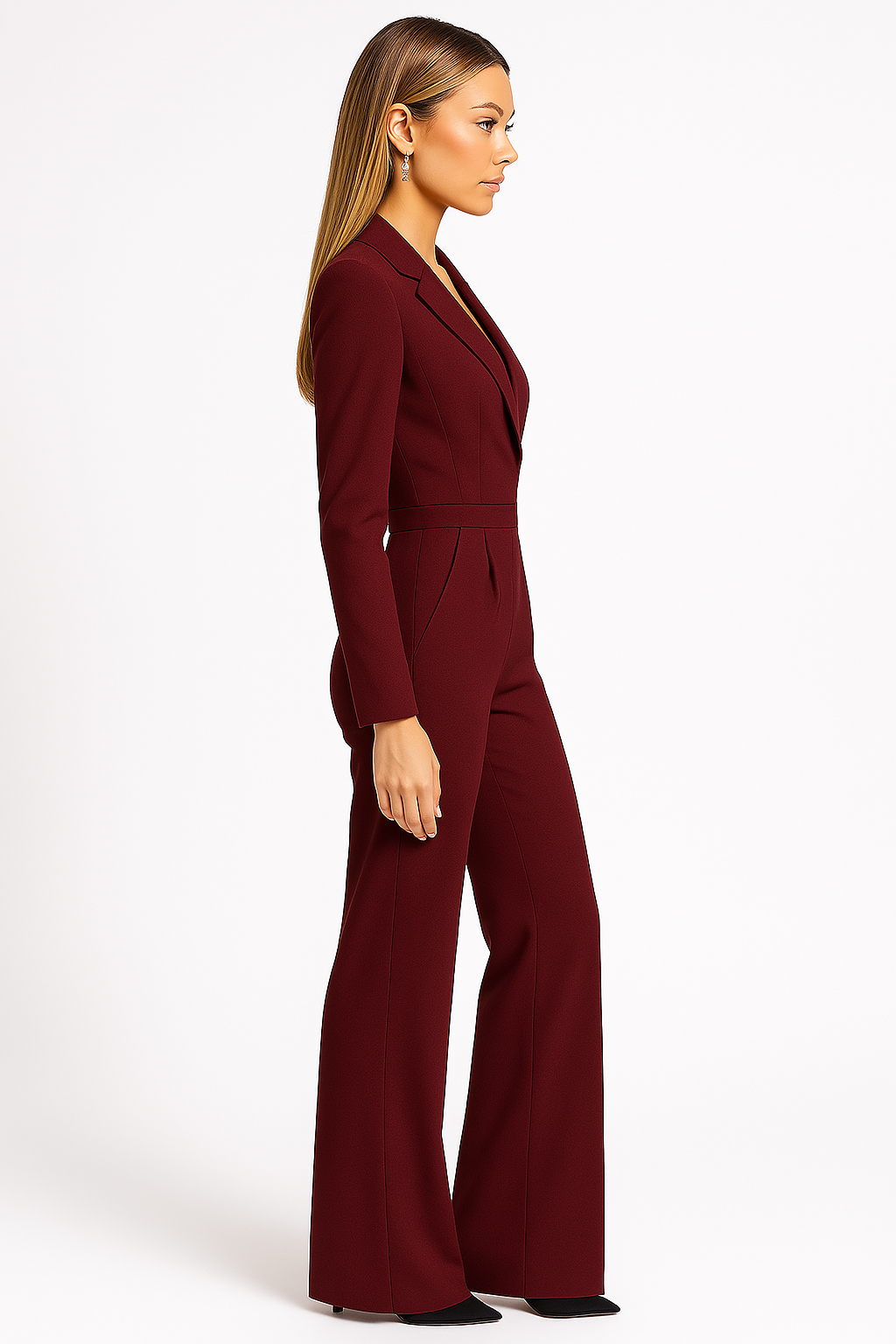 Women's V-Neck Wide-Leg Jumpsuit with Lapel Collar and Nipped Waist
