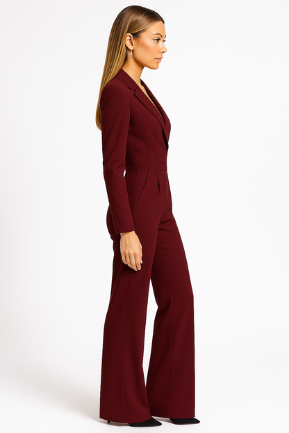 Women's V-Neck Wide-Leg Jumpsuit with Lapel Collar and Nipped Waist