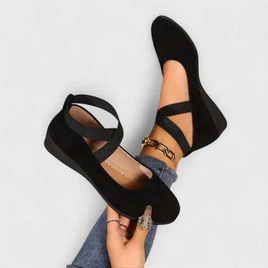 Women's Wedge Heel Flats with Pointed Toe and Elasticated Ankle Strap