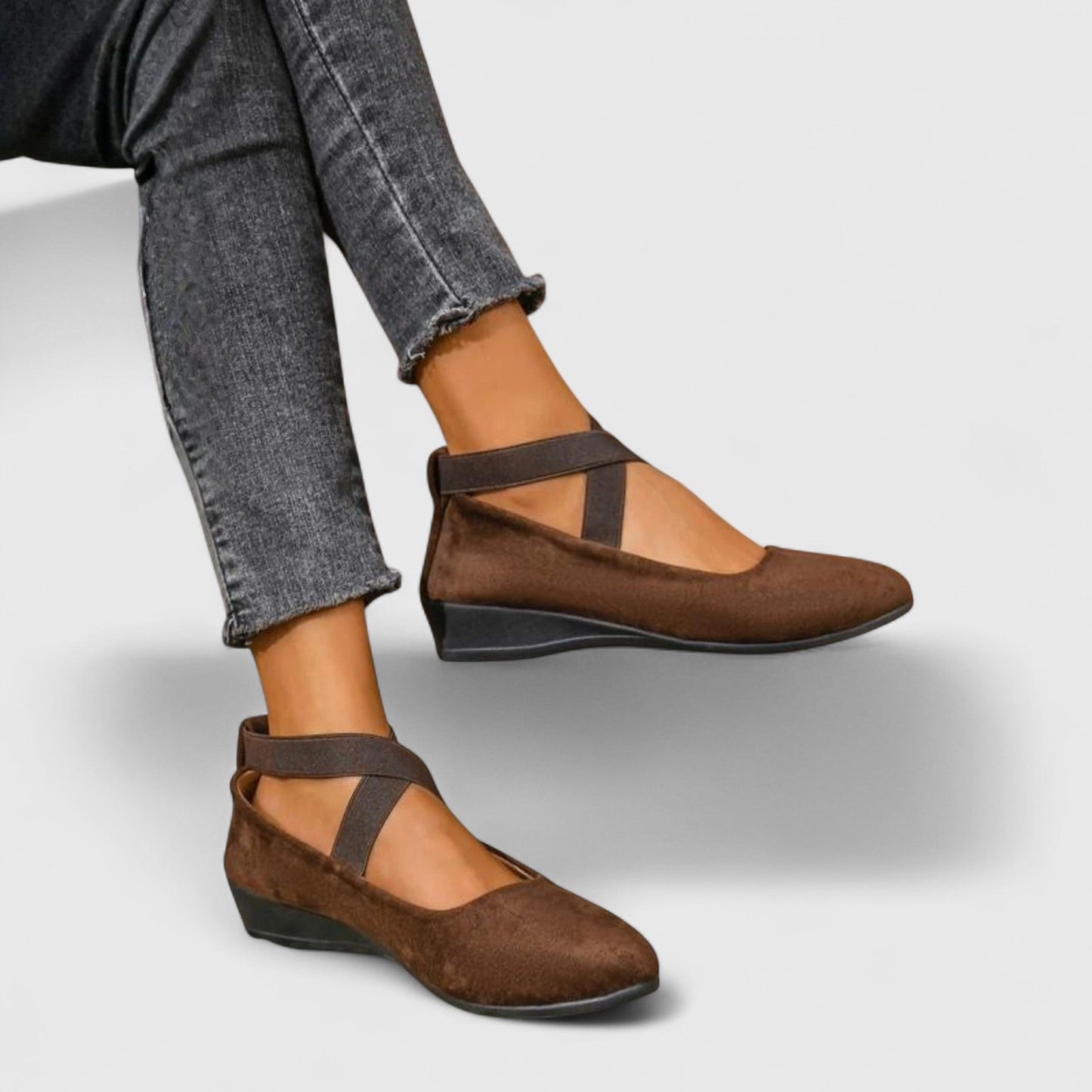 Women's Wedge Heel Flats with Pointed Toe and Elasticated Ankle Strap