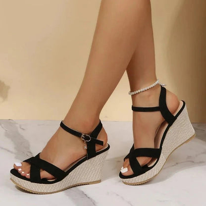 Women's Wedge Sandals with Criss-Cross Ankle Straps and Buckle Closure