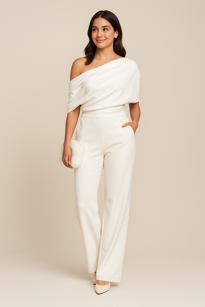 Women's Wide Leg Jumpsuit with Single-Breasted Neckline and Tie Waist