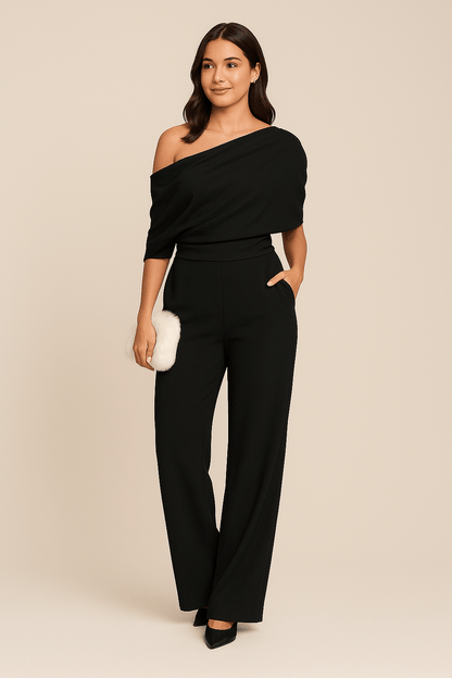 Women's Wide Leg Jumpsuit with Single-Breasted Neckline and Tie Waist