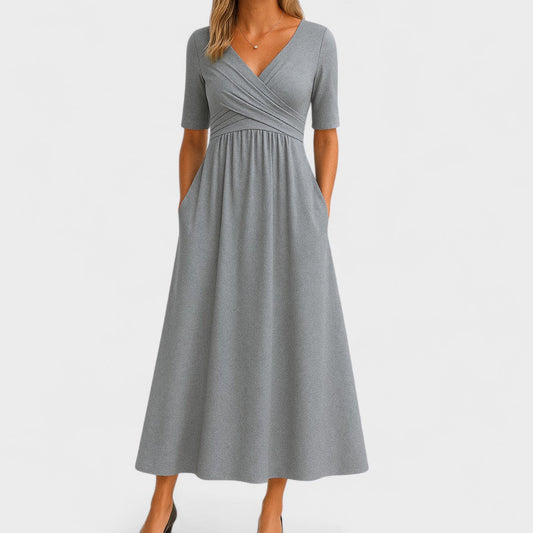 Women's Wrap V-Neck Midi Dress with Elbow Sleeves and Side Pockets