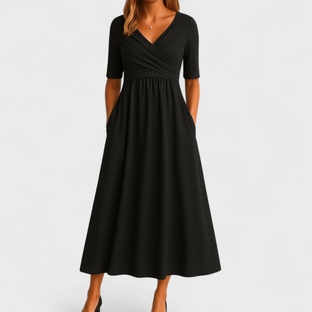 Women's Wrap V-Neck Midi Dress with Elbow Sleeves and Side Pockets