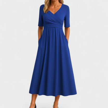 Women's Wrap V-Neck Midi Dress with Elbow Sleeves and Side Pockets