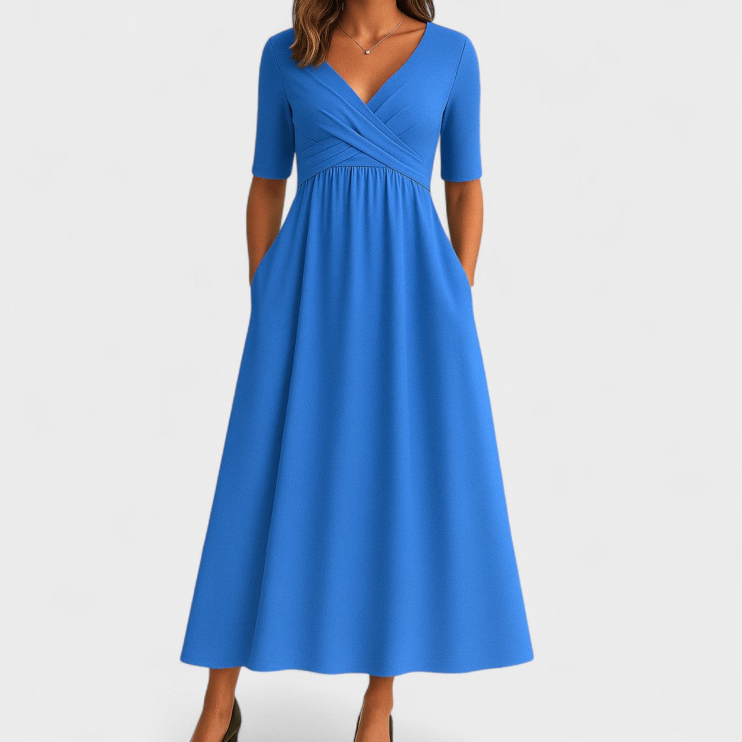 Women's Wrap V-Neck Midi Dress with Elbow Sleeves and Side Pockets