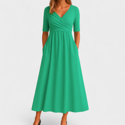 Women's Wrap V-Neck Midi Dress with Elbow Sleeves and Side Pockets