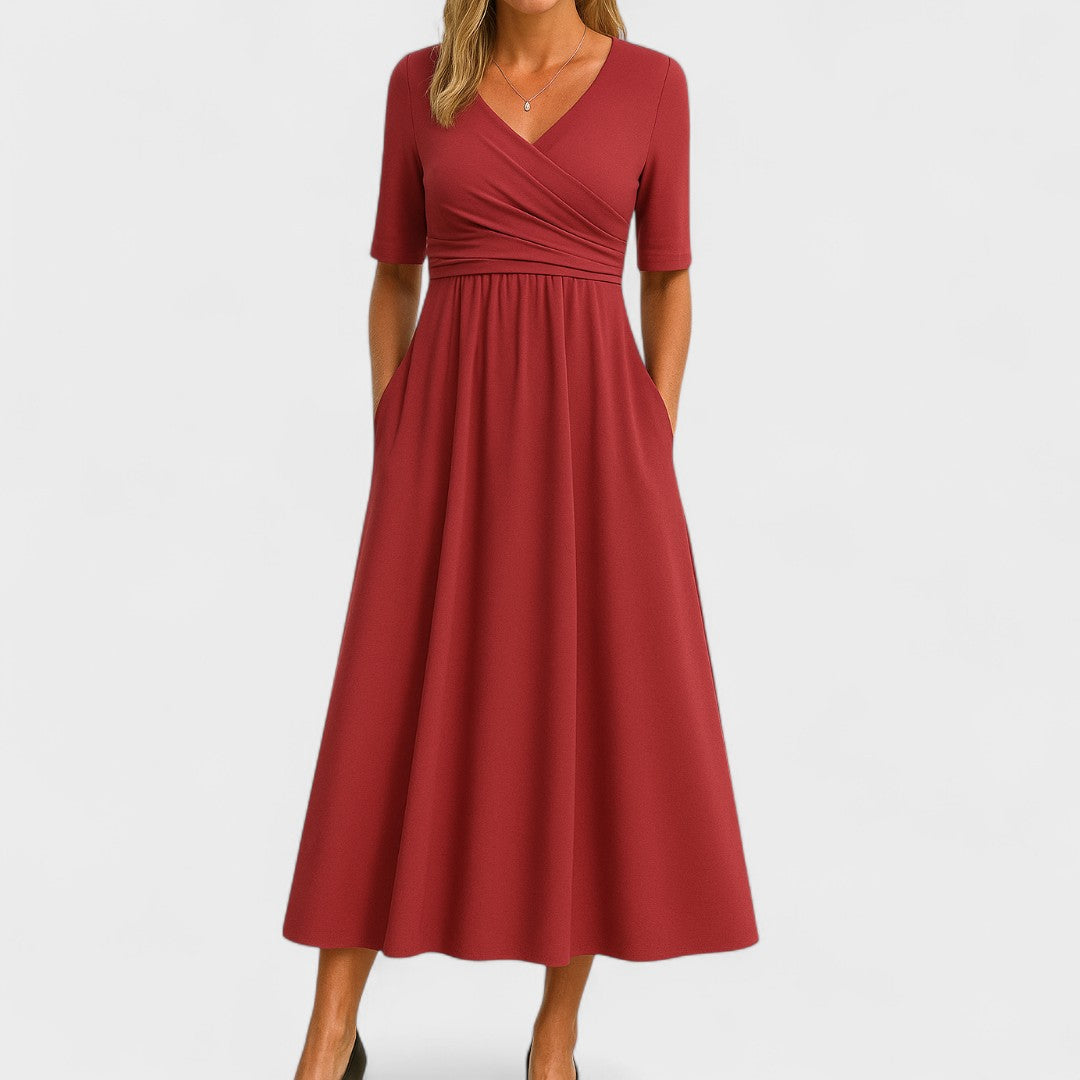 Women's Wrap V-Neck Midi Dress with Elbow Sleeves and Side Pockets