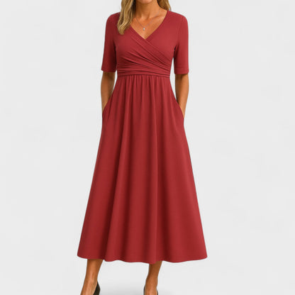 Women's Wrap V-Neck Midi Dress with Elbow Sleeves and Side Pockets