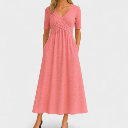 Women's Wrap V-Neck Midi Dress with Elbow Sleeves and Side Pockets