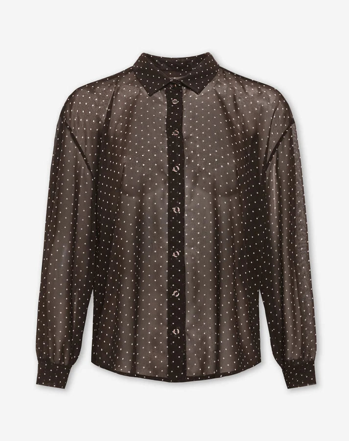 Women's Small Polka Dot Blouse with Button Front Closure and Long Sleeves