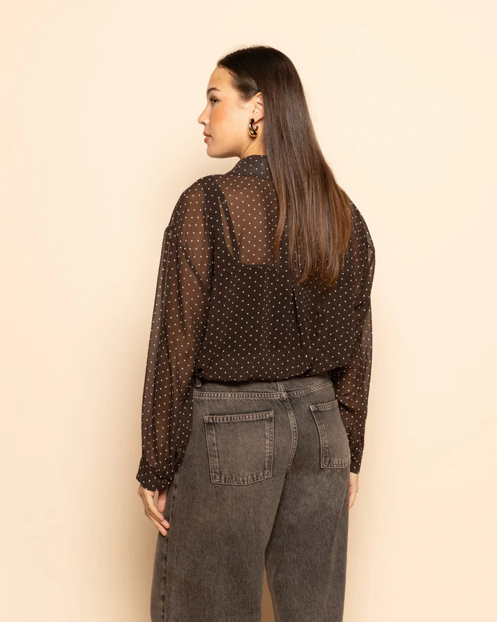 Women's Small Polka Dot Blouse with Button Front Closure and Long Sleeves