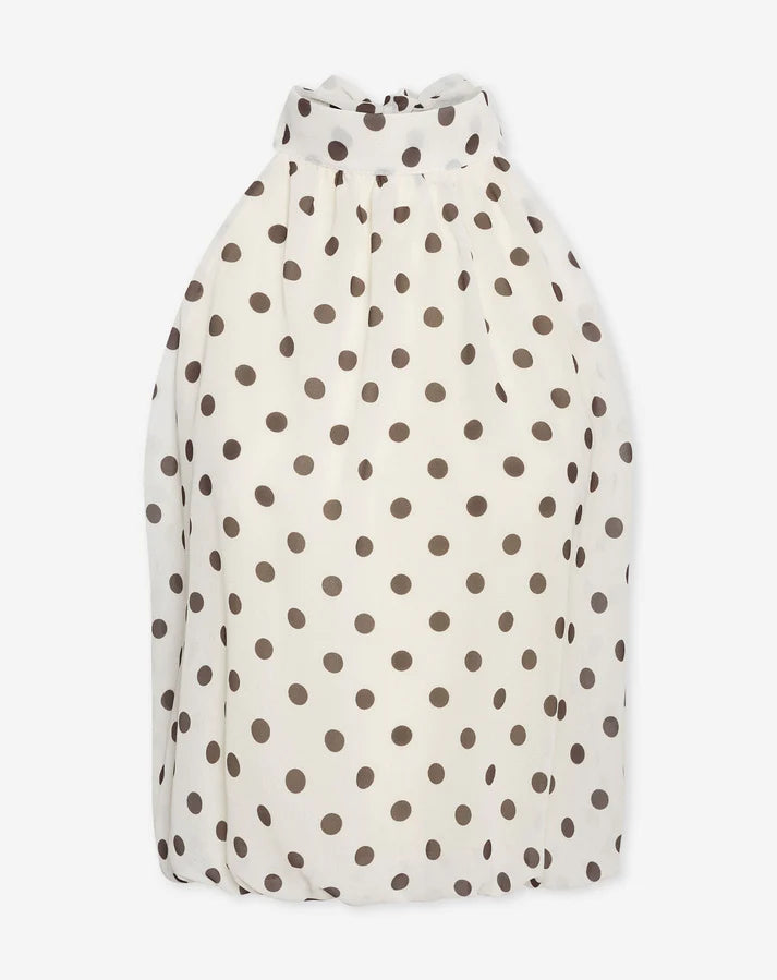 Women's Polka Dot Chiffon Halter Top with Tie Neck and Sheer Overlay