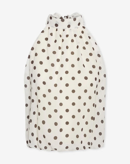 Women's Polka Dot Chiffon Halter Top with Tie Neck and Sheer Overlay