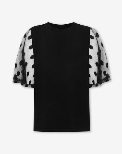 Women's Polka Dot Lace Butterfly Sleeve Top with Lace Trim Detail