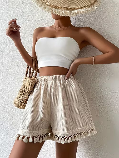 Women's Fringed Shorts with Lace Trim