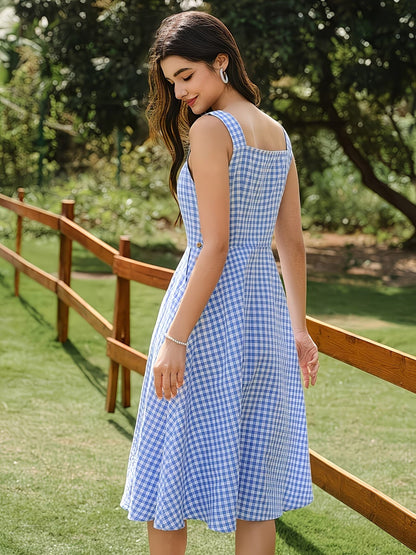 Women's Gingham Square-Neck Midi Dress