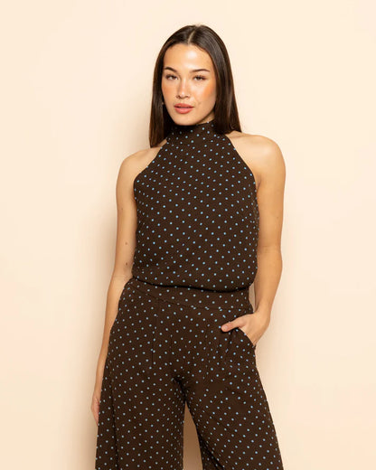 Women's Small Polka Dot Wide Leg Trousers with Elastic Waistband and Flowing Fit
