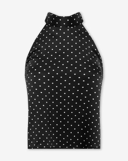 Women's Satin Polka Dot Halter Top with Tie Neck and Fitted Silhouette