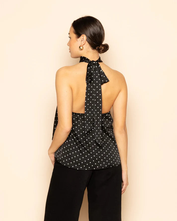 Women's Satin Polka Dot Halter Top with Tie Neck and Fitted Silhouette