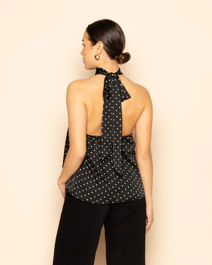 Women's Satin Polka Dot Halter Top with Tie Neck and Fitted Silhouette