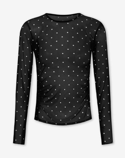 Women's Small Polka Dot Mesh Top with Sheer Construction and Fitted Silhouette