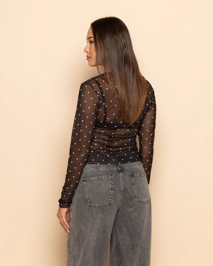 Women's Small Polka Dot Mesh Top with Sheer Construction and Fitted Silhouette
